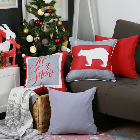 Christmas Themed Decorative Throw Pillow Set of 4 Square 18" x 18" White & Red & Gray for Couch, Bedding