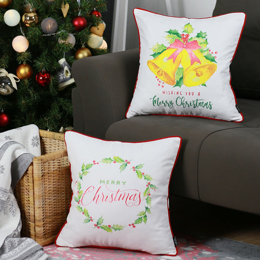 Decorative Christmas Bells & Quote Throw Pillow Cover Set of 2 Square 18" x 18" White & Red for Couch, Bedding