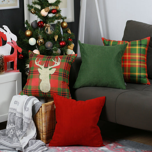 Decorative Christmas Themed Throw Pillow Cover Set of 4 Square 18" x 18" Red & Green for Couch, Bedding