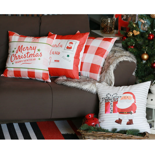 Christmas Themed Decorative Throw Pillow Set of 4 Square 18" x 18" White & Red for Couch, Bedding
