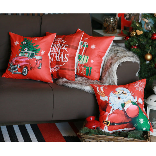 Christmas Themed Decorative Throw Pillow Set of 4 Square 18" x 18" White & Red for Couch, Bedding