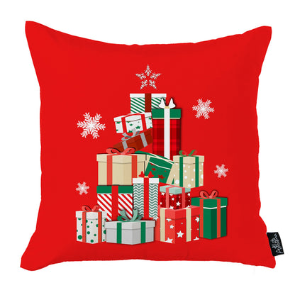 Decorative Christmas Themed Throw Pillow Cover Set of 4 Square 18" x 18" White & Red for Couch, Bedding