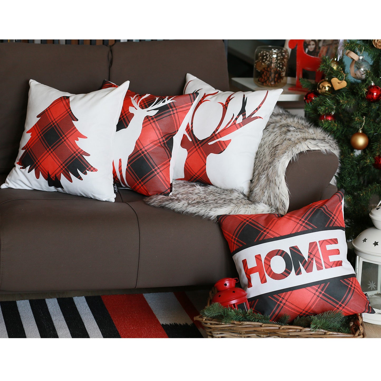 Decorative Christmas Themed Throw Pillow Cover Set of 4 Square 18" x 18" White & Red for Couch, Bedding