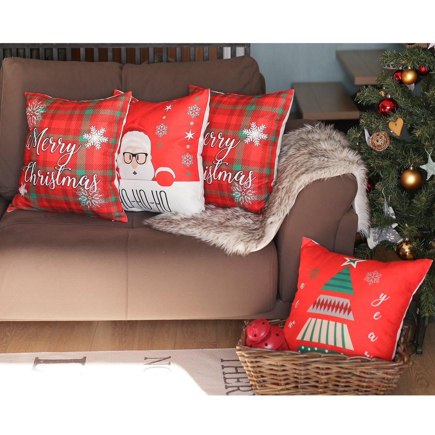 Decorative Christmas Themed Throw Pillow Cover Set of 4 Square 18" x 18" White & Red for Couch, Bedding