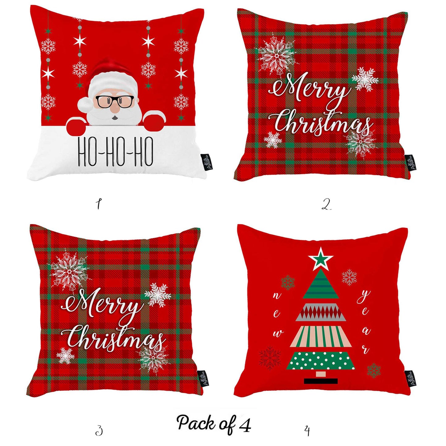 Decorative Christmas Themed Throw Pillow Cover Set of 4 Square 18" x 18" White & Red for Couch, Bedding