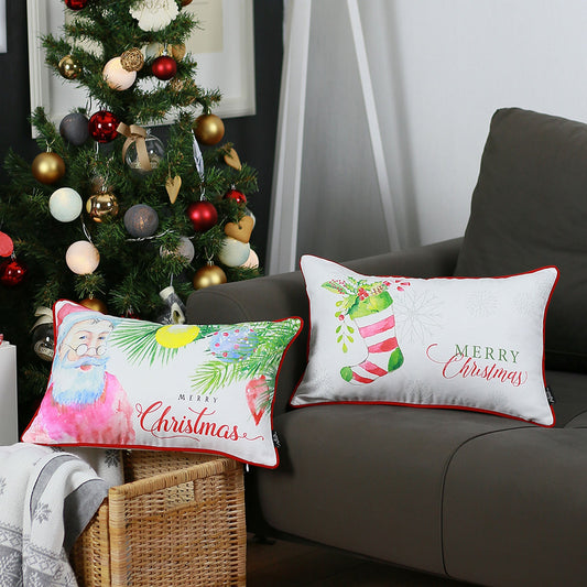 Christmas Themed Decorative Throw Pillow Set of 2 Lumbar 12" x 20" White & Red for Couch, Bedding