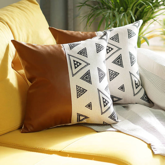 Boho Set of 2 Handcrafted Decorative Throw Pillow Cover Vegan Faux Leather Geometric Square for Couch, Bedding