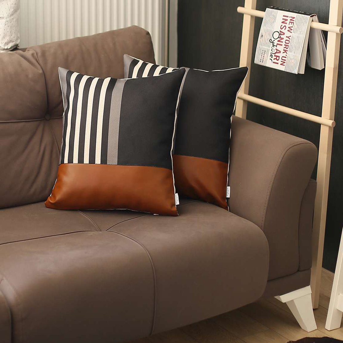 Bohemian Set of 2 Handmade Decorative Throw Pillow Vegan Faux Leather Geometric for Couch, Bedding