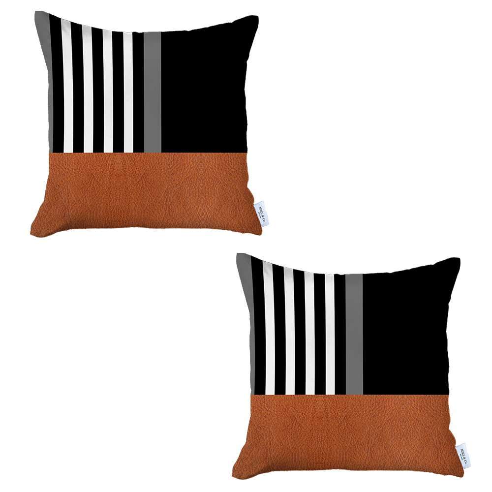 Bohemian Set of 2 Handmade Decorative Throw Pillow Vegan Faux Leather Geometric for Couch, Bedding