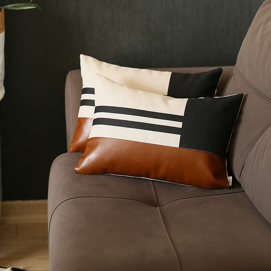 Bohemian Set of 2 Handmade Decorative Throw Pillow Vegan Faux Leather Geometric for Couch, Bedding