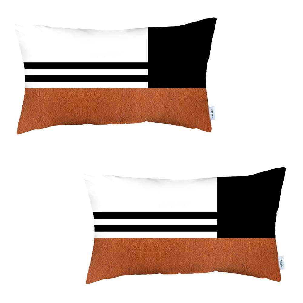 Bohemian Set of 2 Handmade Decorative Throw Pillow Vegan Faux Leather Geometric for Couch, Bedding