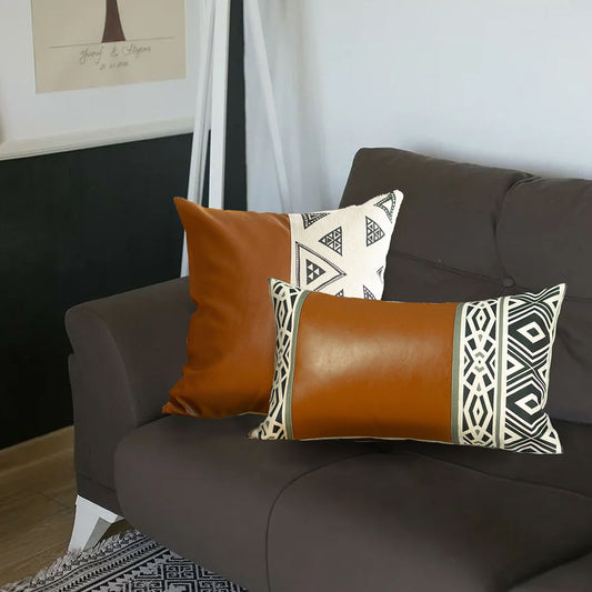 Bohemian Mixed Set of 2 Vegan Faux Leather Brown Geometric Throw Pillow Cover for Couch, Bedding
