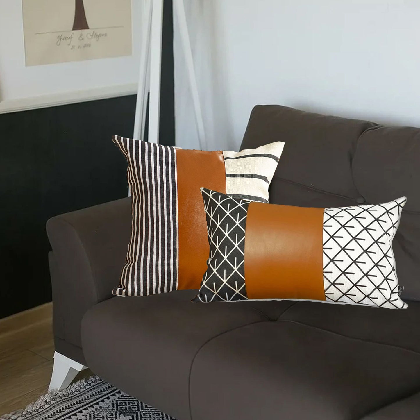 Bohemian Mixed Set of 2 Vegan Faux Leather Brown Geometric Throw Pillow Cover for Couch, Bedding