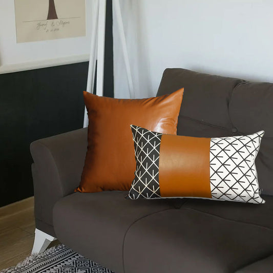 Bohemian Mixed Set of 2 Vegan Faux Leather Brown Geometric Throw Pillow Cover for Couch, Bedding