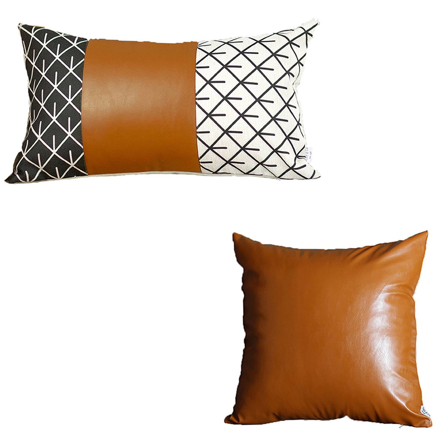 Bohemian Mixed Set of 2 Vegan Faux Leather Brown Geometric Throw Pillow Cover for Couch, Bedding