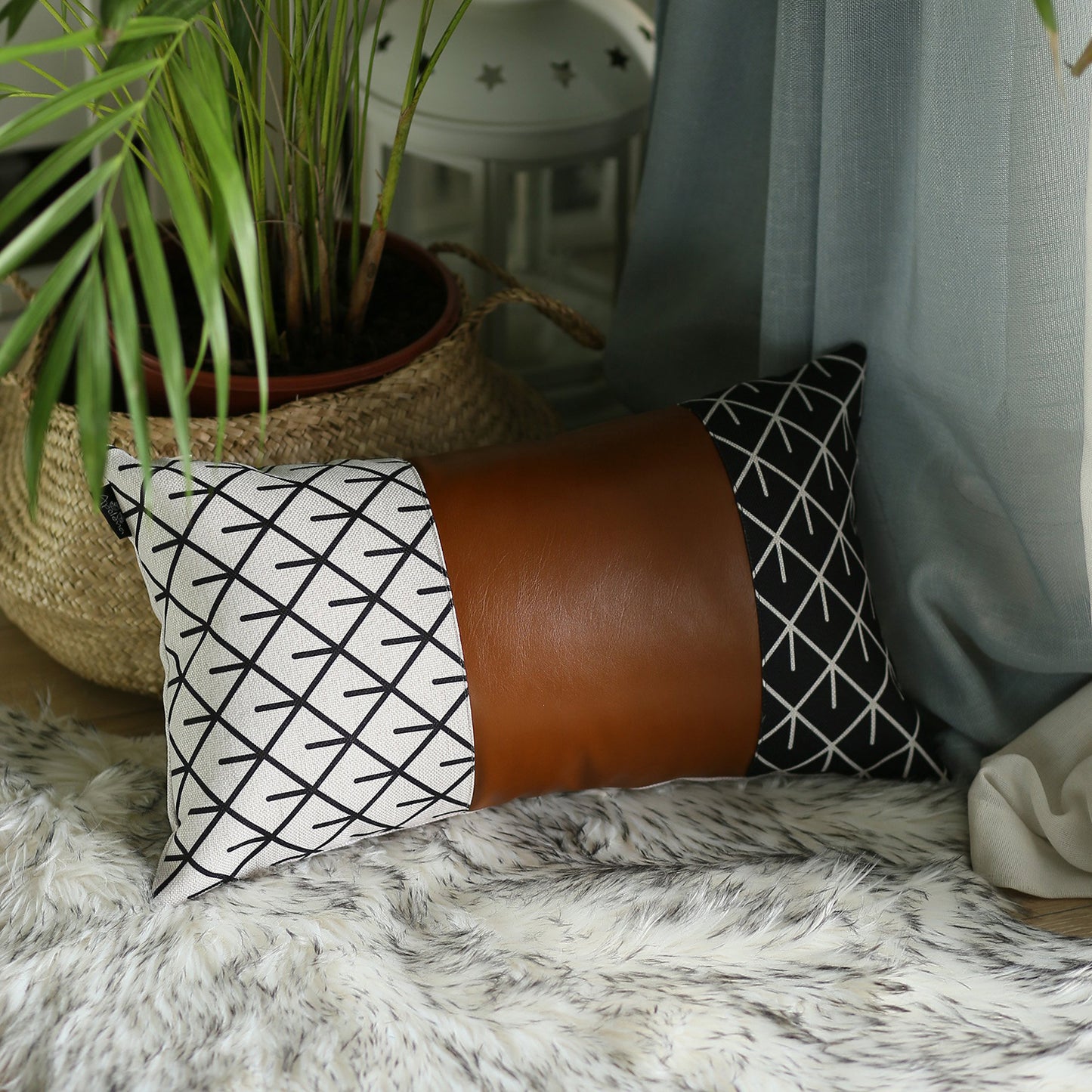 Bohemian Mixed Set of 2 Vegan Faux Leather Brown Geometric Throw Pillow Cover for Couch, Bedding