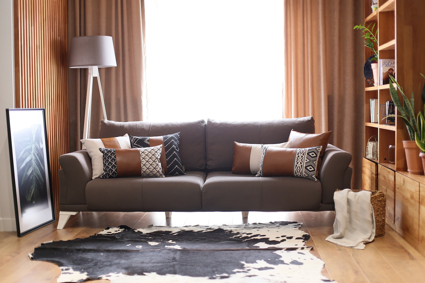 Bohemian Mixed Set of 2 Vegan Faux Leather Brown Geometric Throw Pillow Cover for Couch, Bedding
