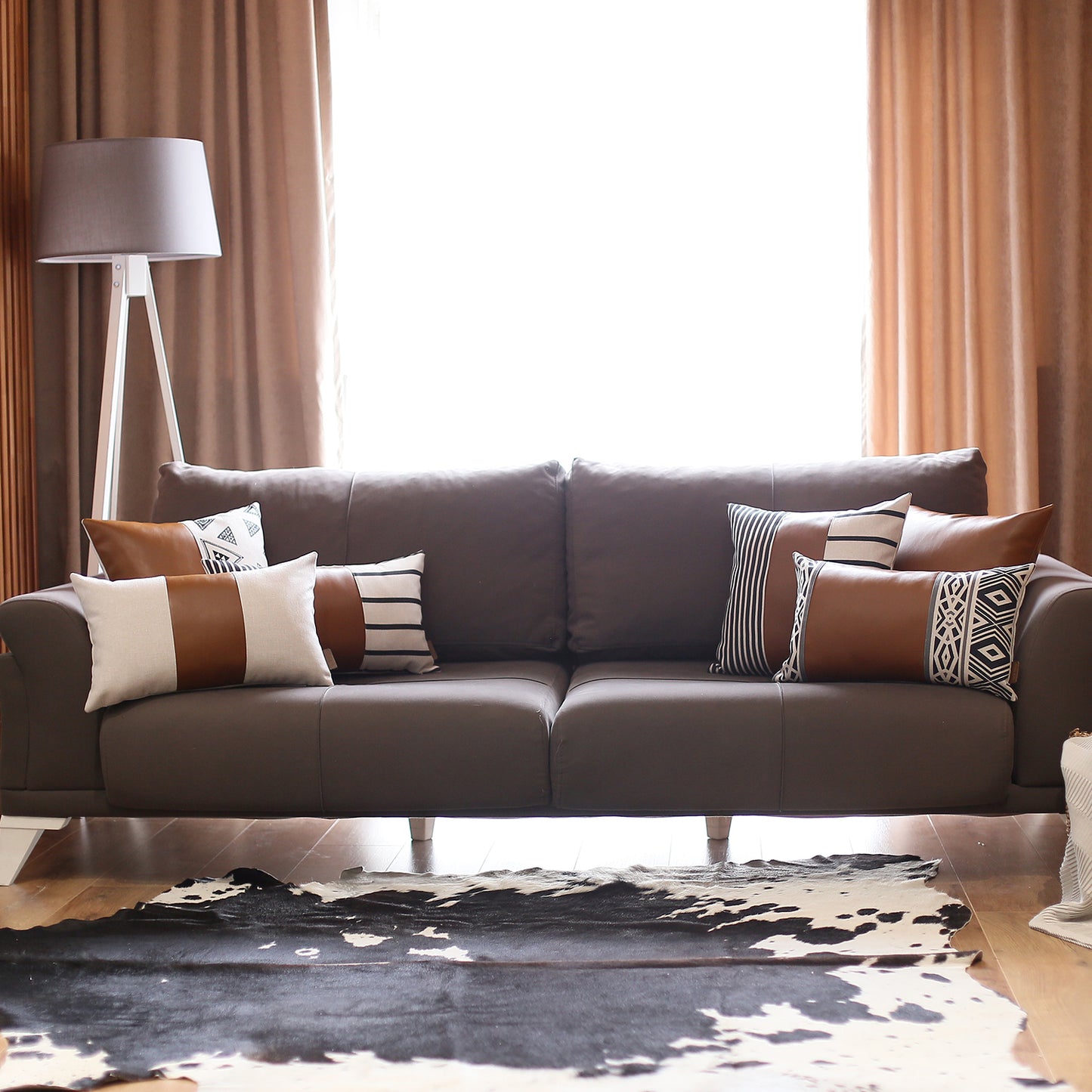 Bohemian Mixed Set of 2 Vegan Faux Leather Brown Geometric Throw Pillow Cover for Couch, Bedding