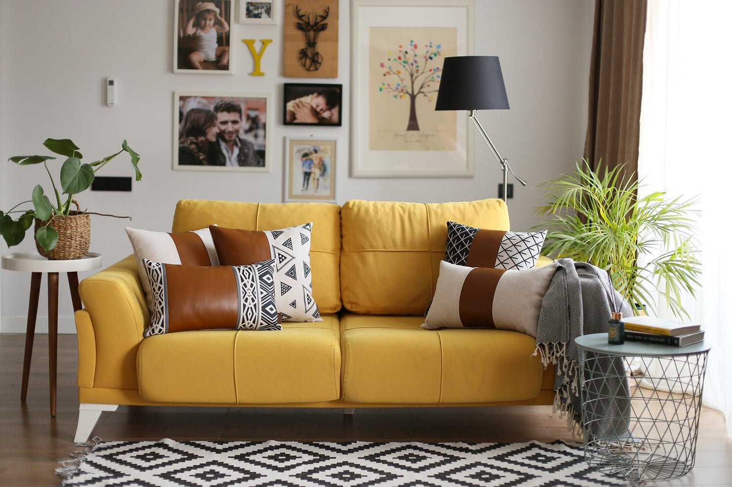Bohemian Mixed Set of 2 Vegan Faux Leather Brown Geometric Throw Pillow Cover for Couch, Bedding