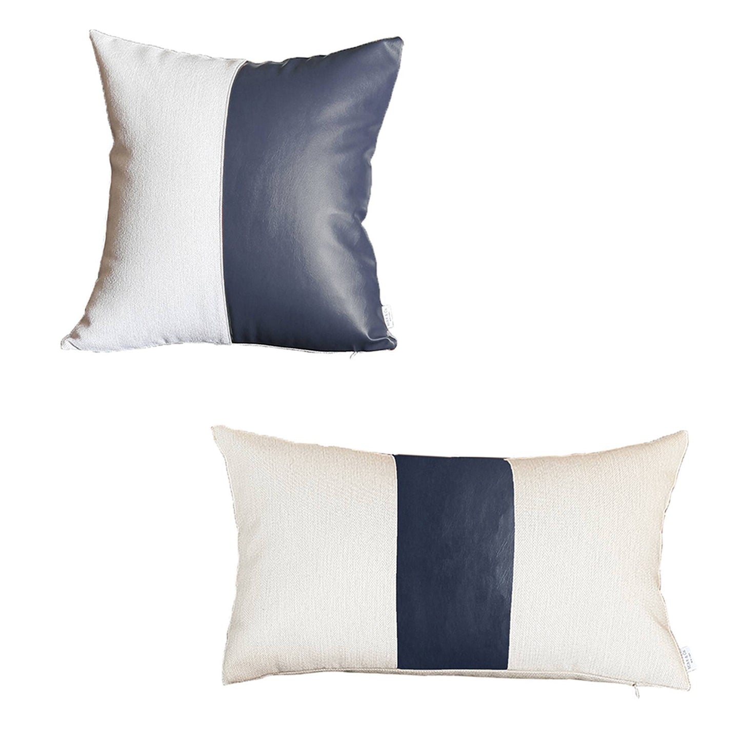 Bohemian Mixed Set of 2 Vegan Faux Leather Navy Blue Solid Throw Pillow Cover for Couch, Bedding