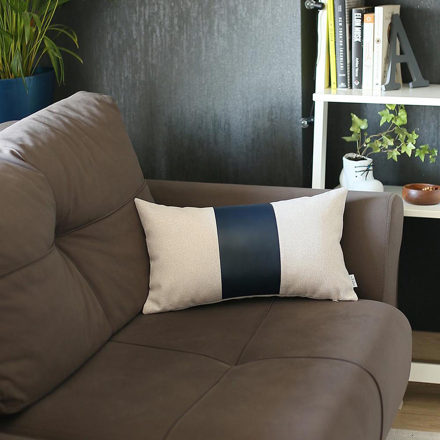 Bohemian Mixed Set of 2 Vegan Faux Leather Navy Blue Solid Throw Pillow Cover for Couch, Bedding