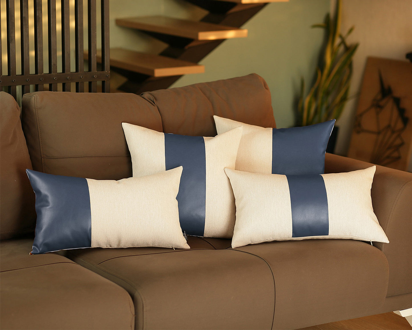 Bohemian Mixed Set of 2 Vegan Faux Leather Navy Blue Solid Throw Pillow Cover for Couch, Bedding
