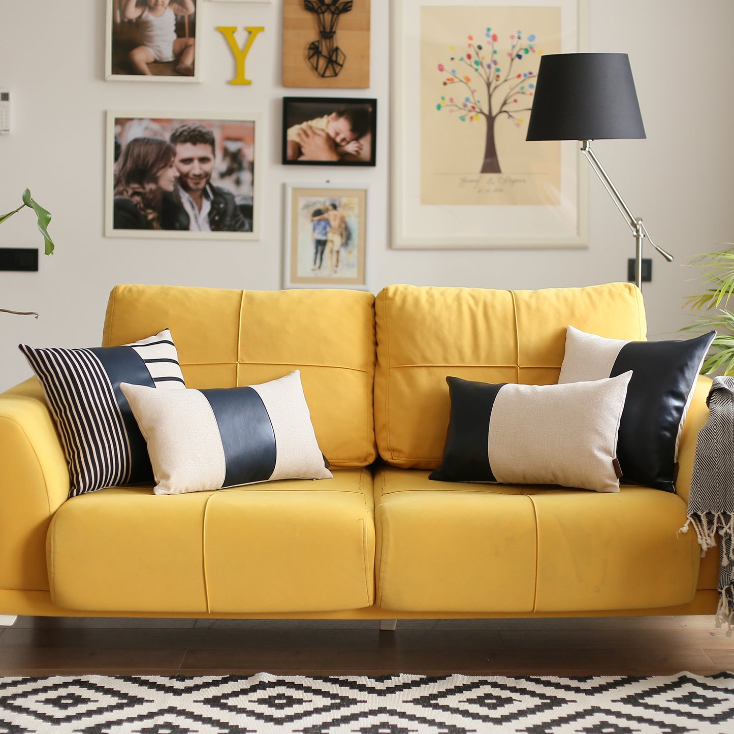 Bohemian Mixed Set of 2 Vegan Faux Leather Navy Blue Solid Throw Pillow Cover for Couch, Bedding