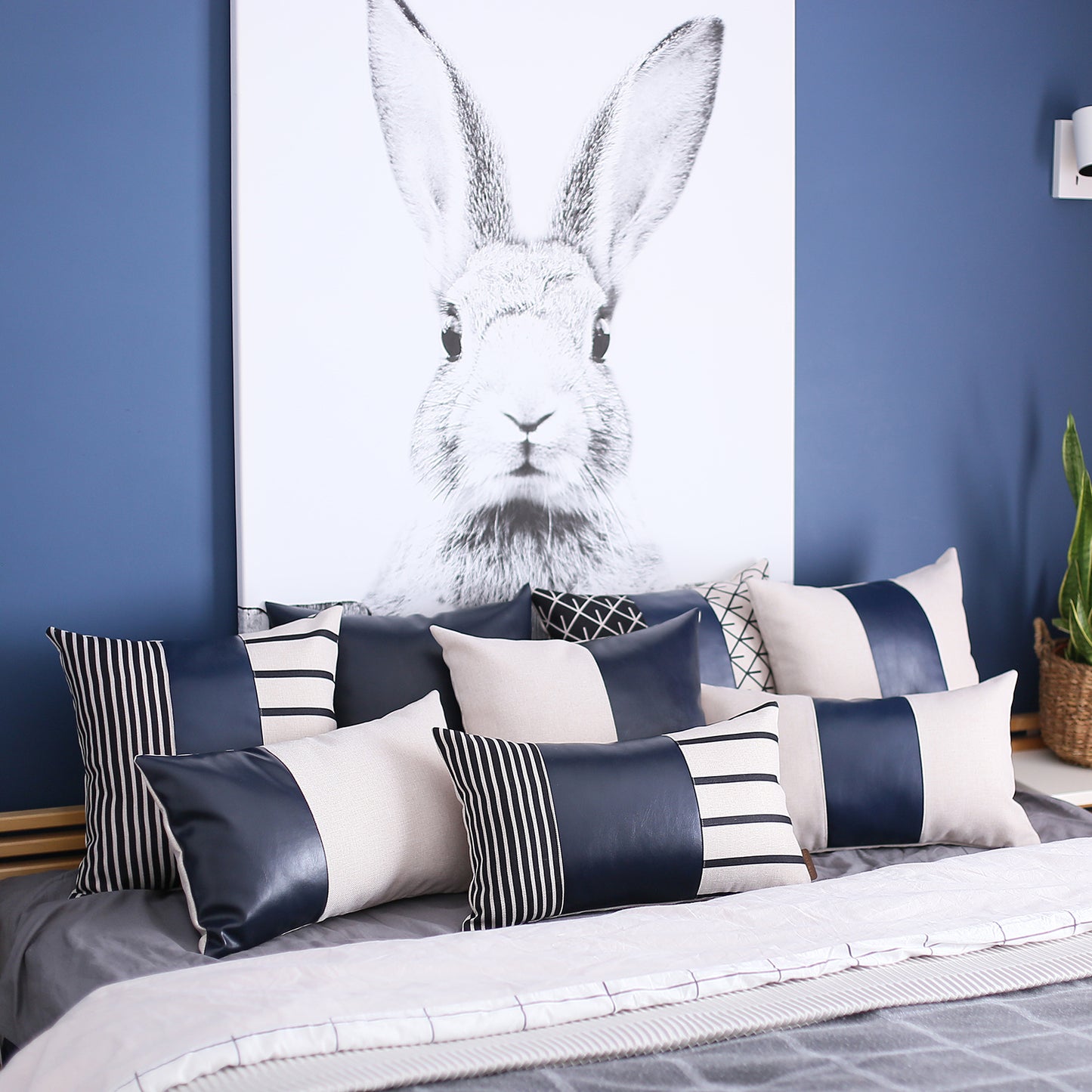Bohemian Mixed Set of 2 Vegan Faux Leather Navy Blue Solid Throw Pillow Cover for Couch, Bedding