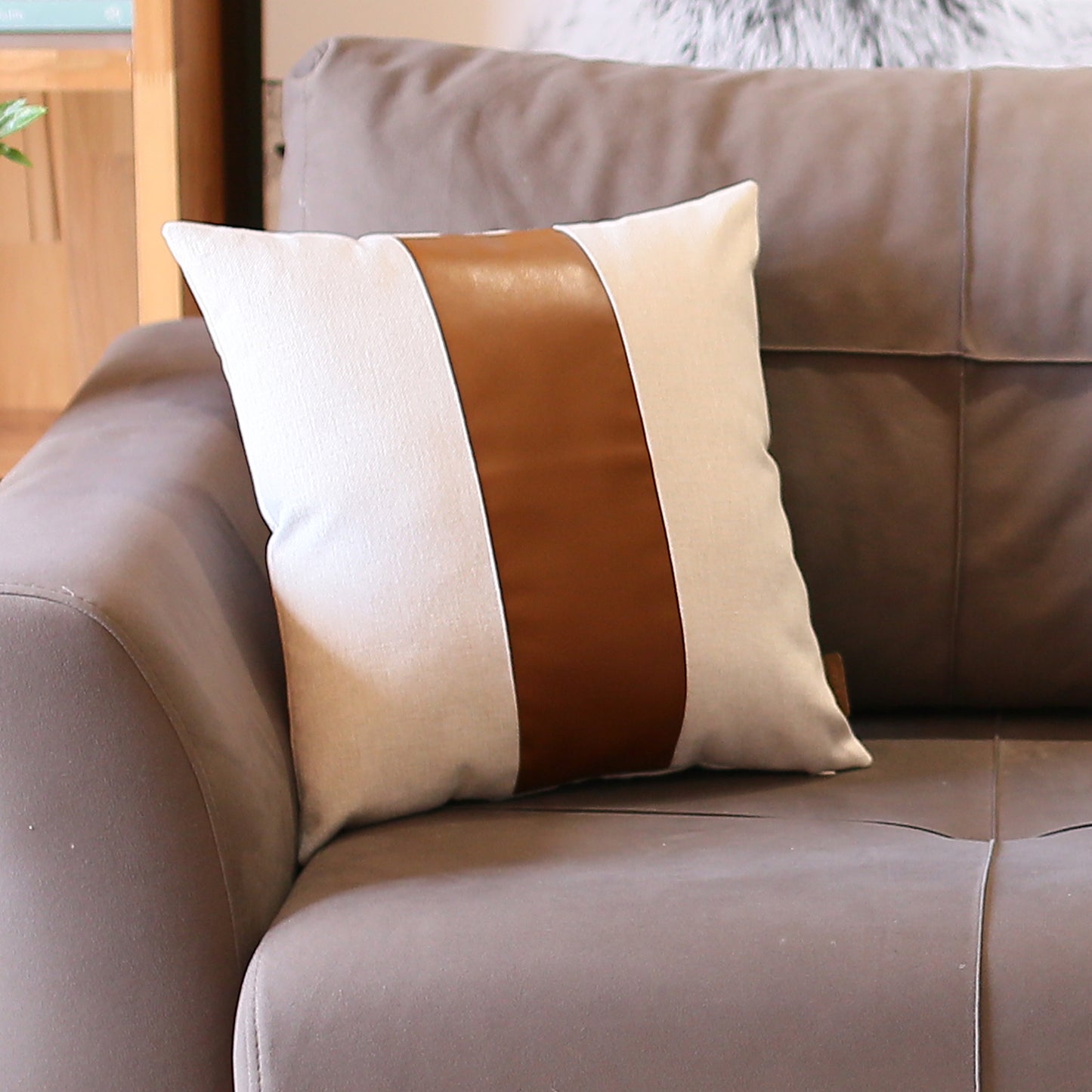 Bohemian Mixed Set of 2 Vegan Faux Leather Brown Solid Throw Pillow Cover for Couch, Bedding