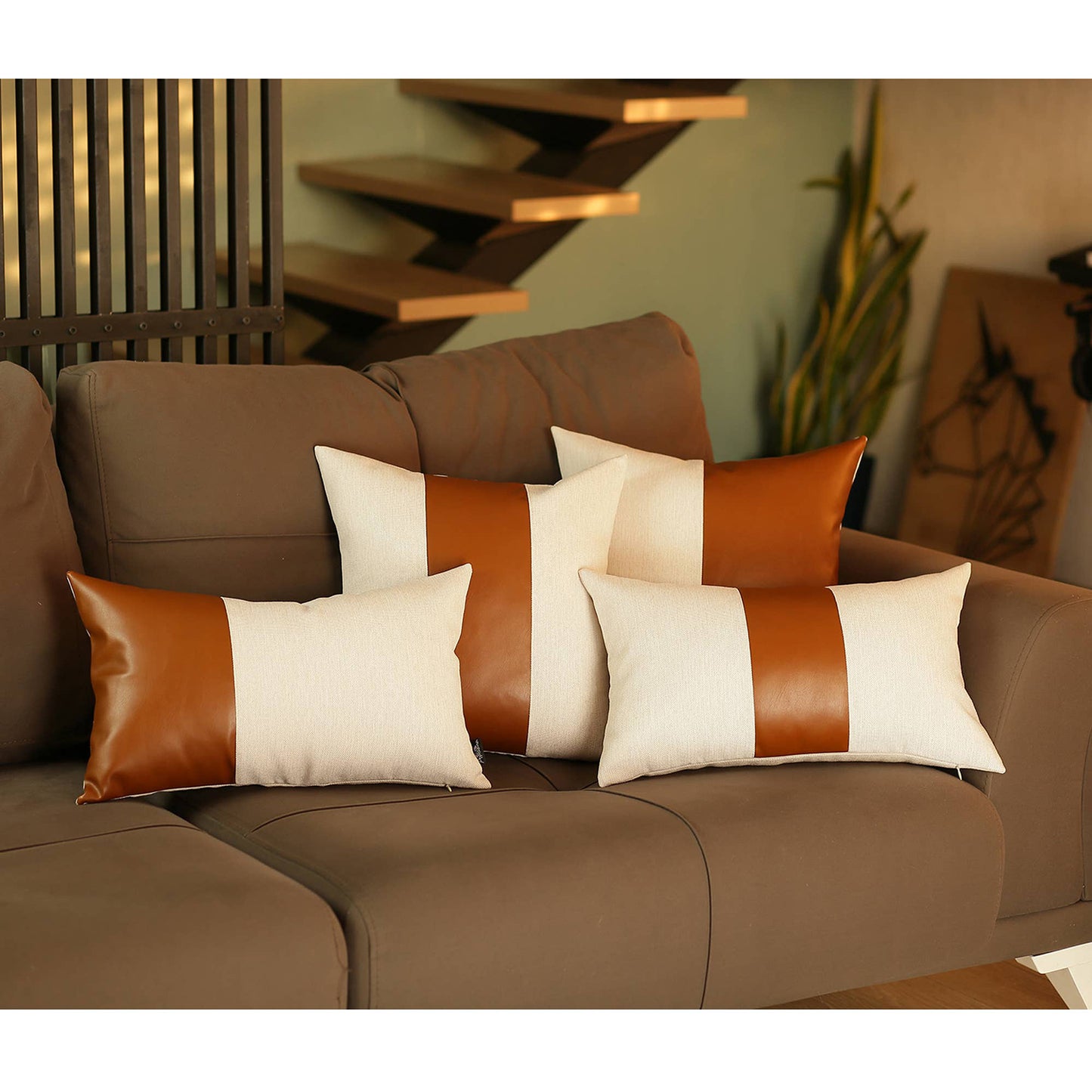 Bohemian Mixed Set of 2 Vegan Faux Leather Brown Solid Throw Pillow Cover for Couch, Bedding