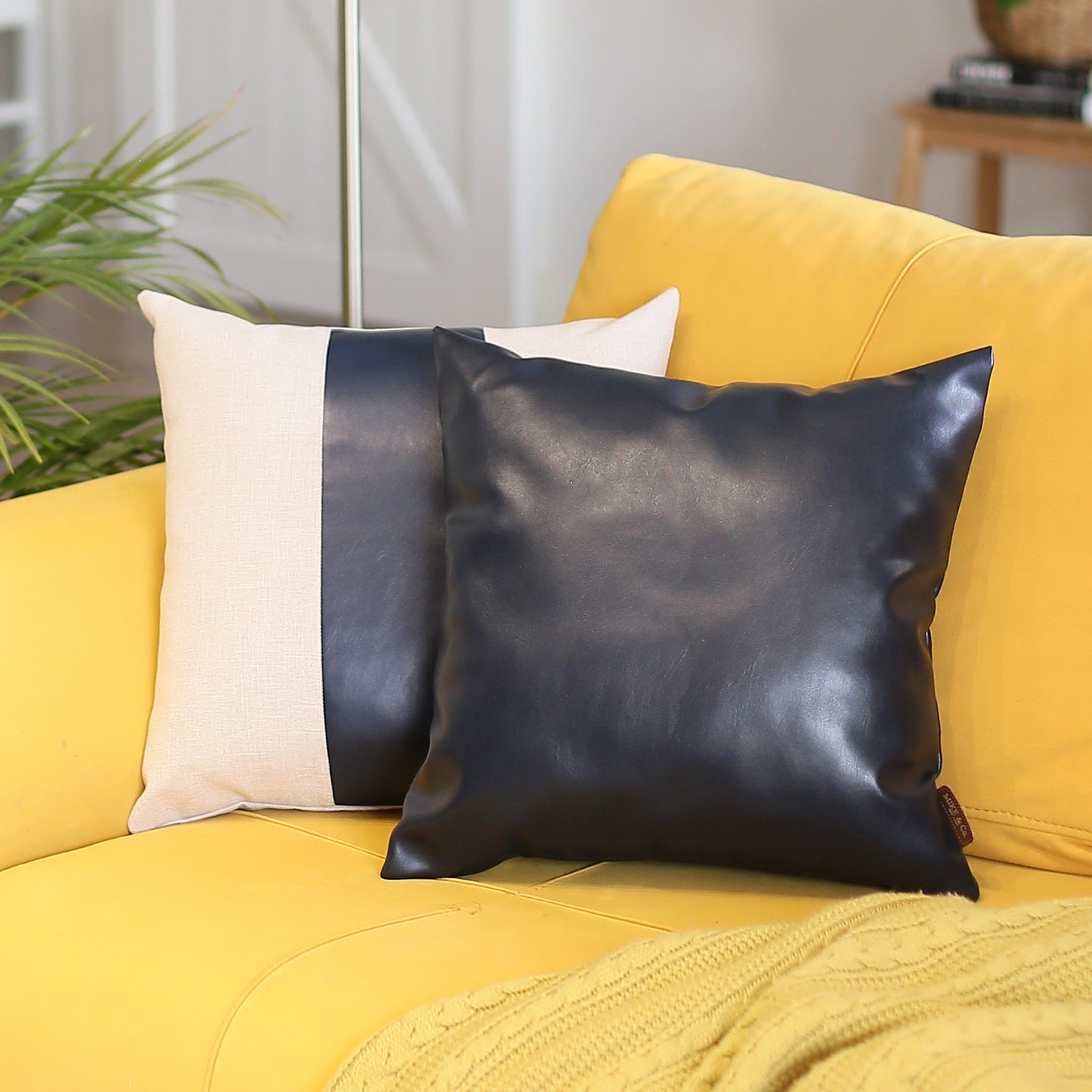 Bohemian Mixed Set of 2 Vegan Faux Leather Navy Blue Solid Throw Pillow Cover for Couch, Bedding