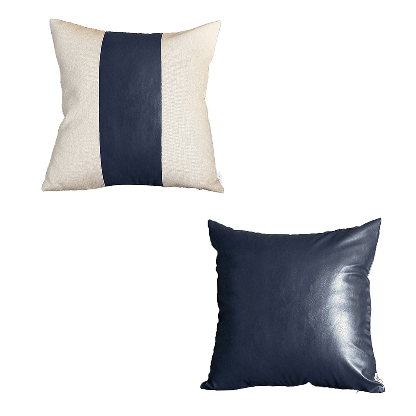 Bohemian Mixed Set of 2 Vegan Faux Leather Navy Blue Solid Throw Pillow Cover for Couch, Bedding