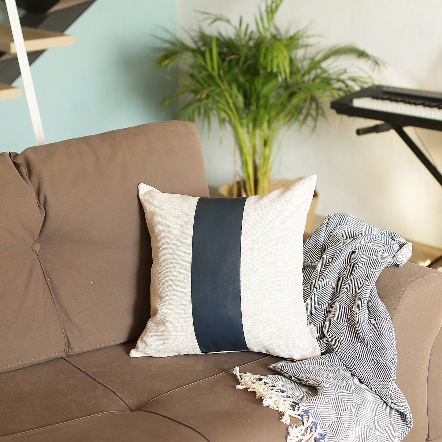 Bohemian Mixed Set of 2 Vegan Faux Leather Navy Blue Solid Throw Pillow Cover for Couch, Bedding