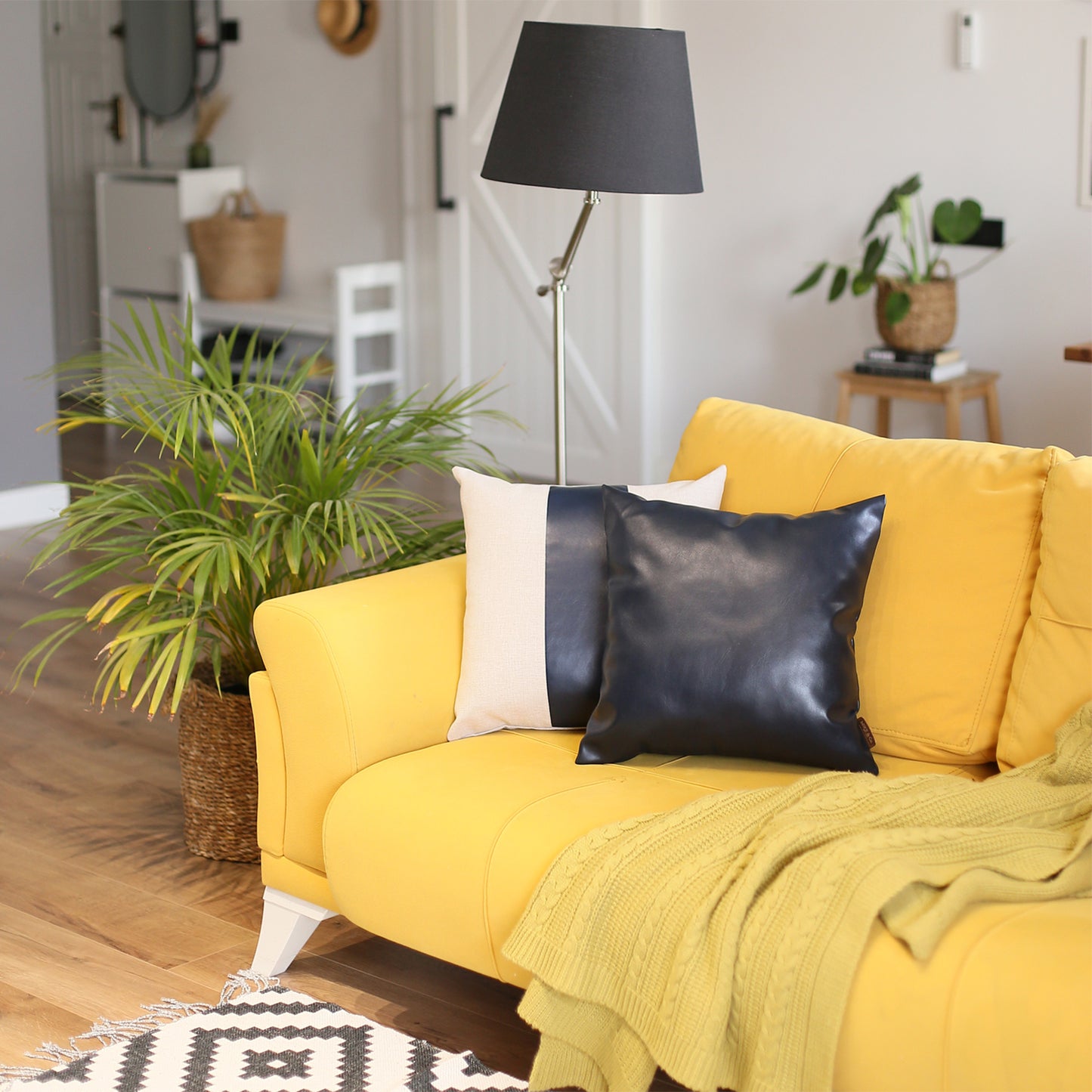 Bohemian Mixed Set of 2 Vegan Faux Leather Navy Blue Solid Throw Pillow Cover for Couch, Bedding