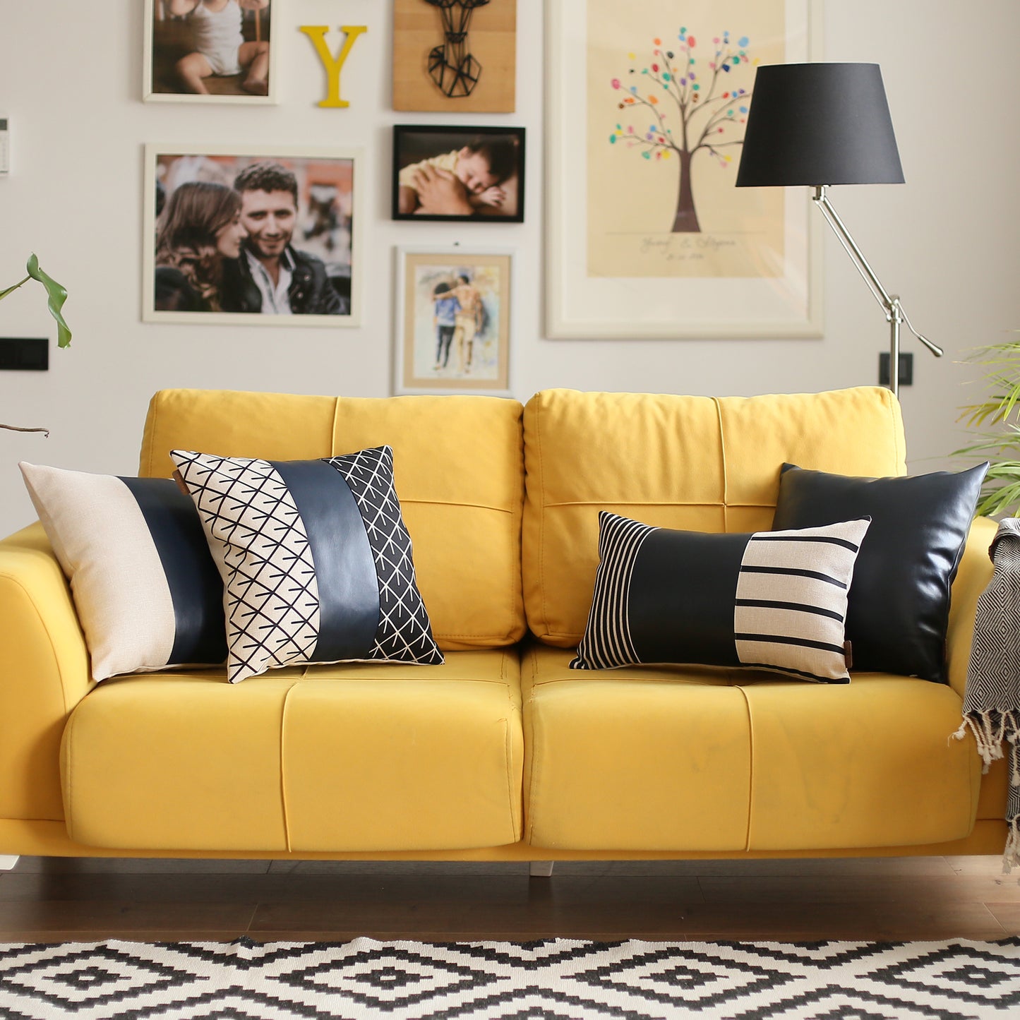 Bohemian Mixed Set of 2 Vegan Faux Leather Navy Blue Solid Throw Pillow Cover for Couch, Bedding