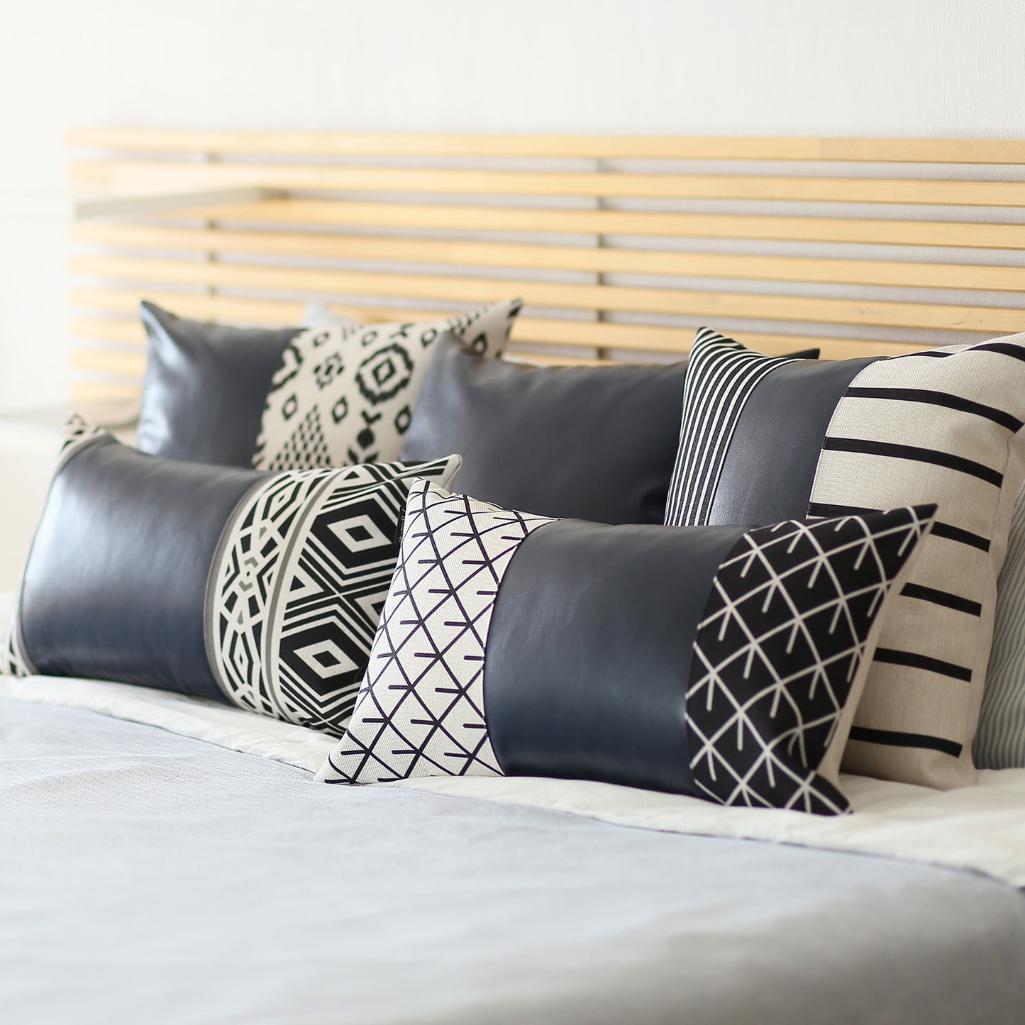 Bohemian Mixed Set of 2 Vegan Faux Leather Navy Blue Solid Throw Pillow Cover for Couch, Bedding