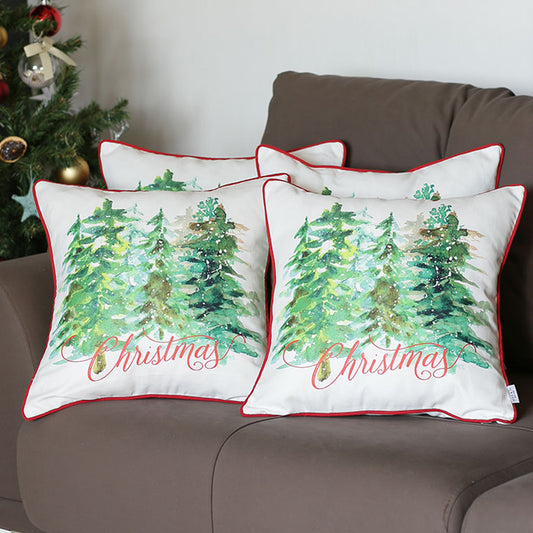 Decorative Christmas Trees Throw Pillow Cover Set of 4 Square 18" x 18" White & Green for Couch, Bedding