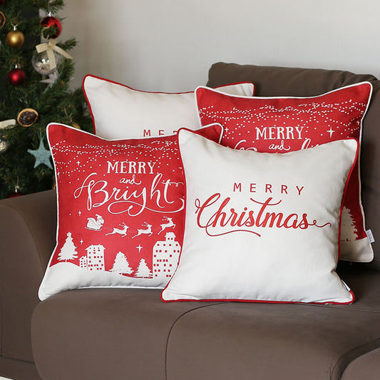 Decorative Merry Christmas Throw Pillow Cover Set of 4 Square 18" x 18" White & Red for Couch, Bedding