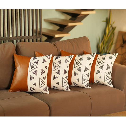 Boho Set of 4 Handcrafted Decorative Throw Pillow Cover Vegan Faux Leather Geometric Square for Couch, Bedding
