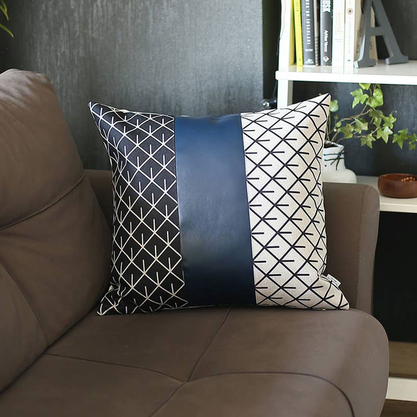 Bohemian Mixed Set of 4 Vegan Faux Leather Navy Blue Geometric Throw Pillow Cover for Couch, Bedding