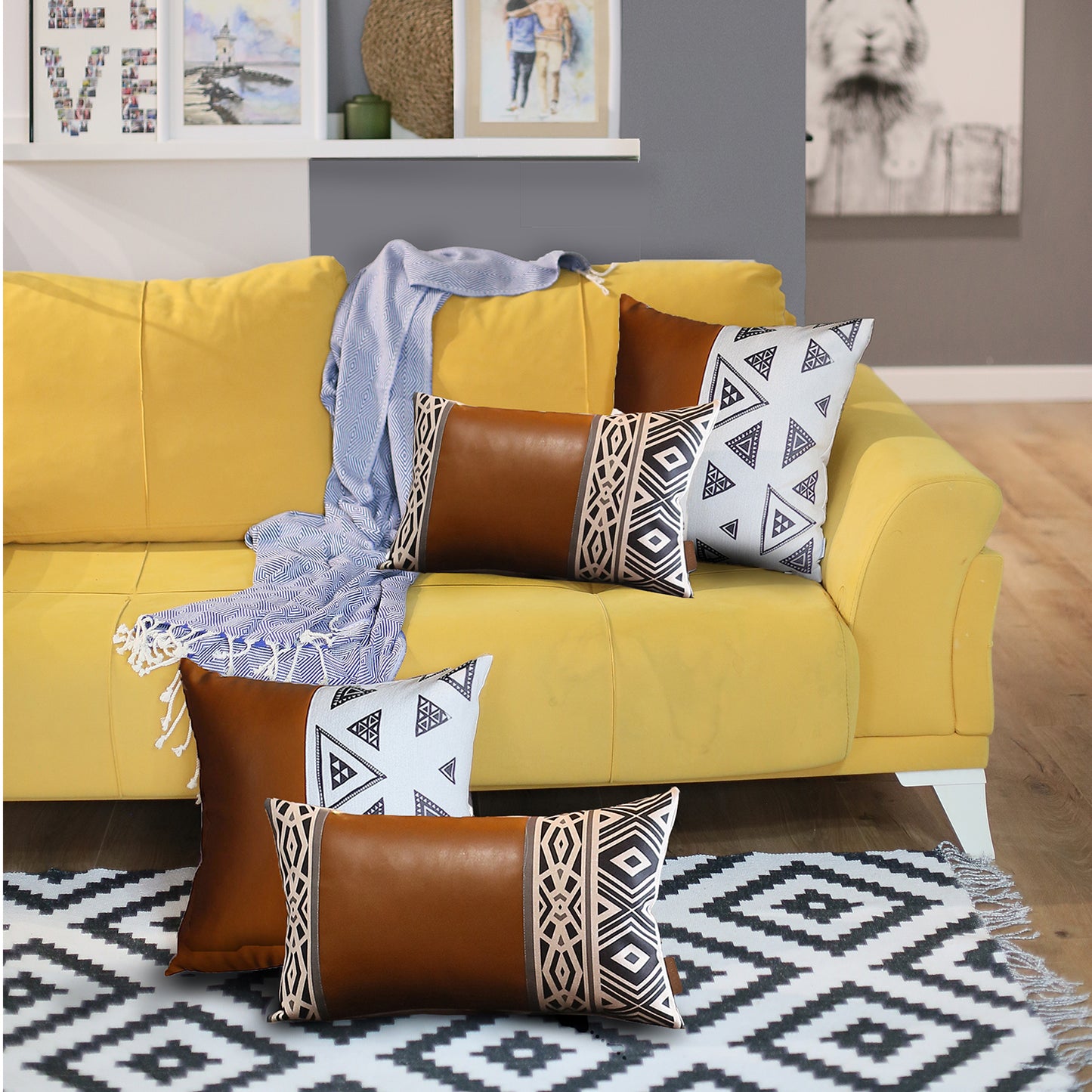 Bohemian Mixed Set of 4 Vegan Faux Leather Brown Geometric Throw Pillow Cover for Couch, Bedding