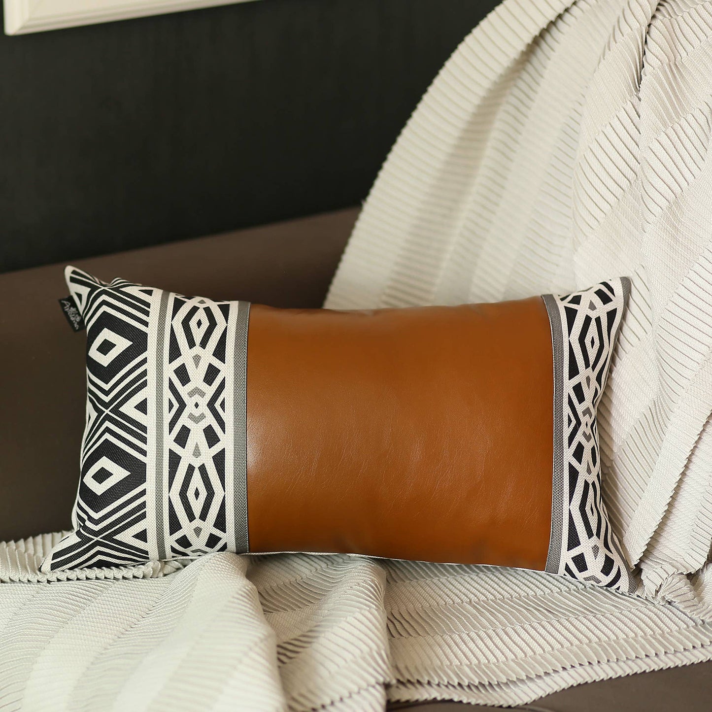 Bohemian Mixed Set of 4 Vegan Faux Leather Brown Geometric Throw Pillow Cover for Couch, Bedding