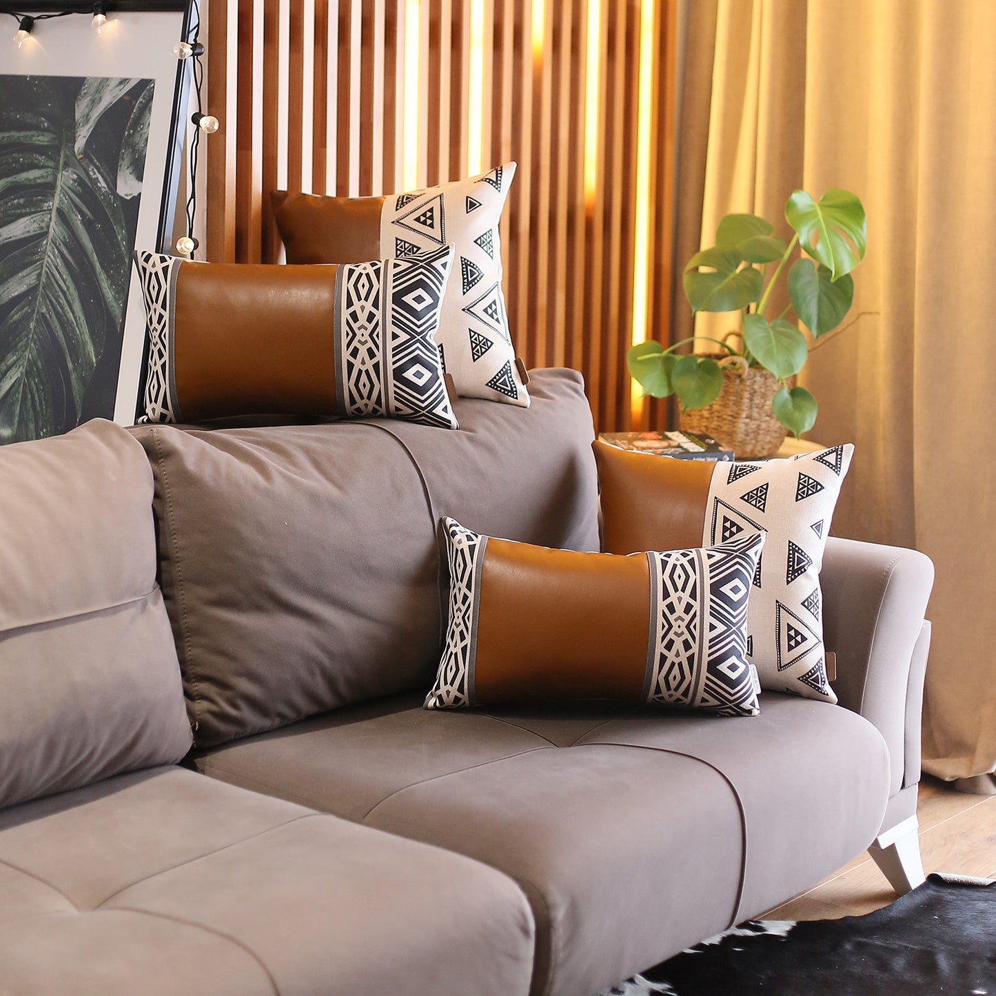 Bohemian Mixed Set of 4 Vegan Faux Leather Brown Geometric Throw Pillow Cover for Couch, Bedding