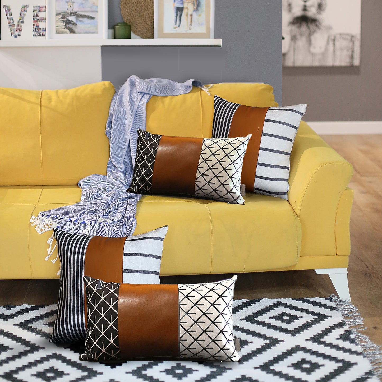 Bohemian Mixed Set of 4 Vegan Faux Leather Brown Geometric Throw Pillow Cover for Couch, Bedding