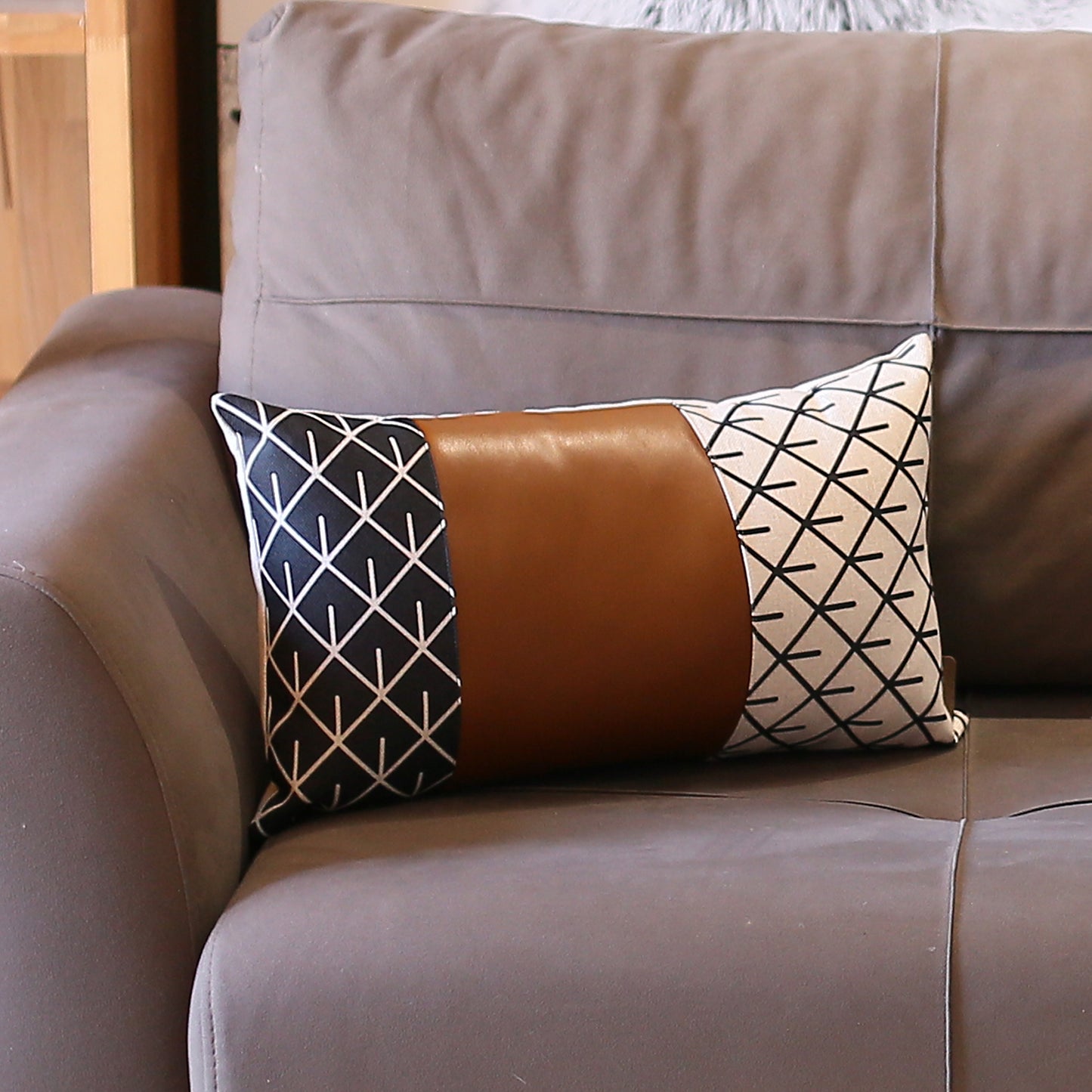 Bohemian Mixed Set of 4 Vegan Faux Leather Brown Geometric Throw Pillow Cover for Couch, Bedding