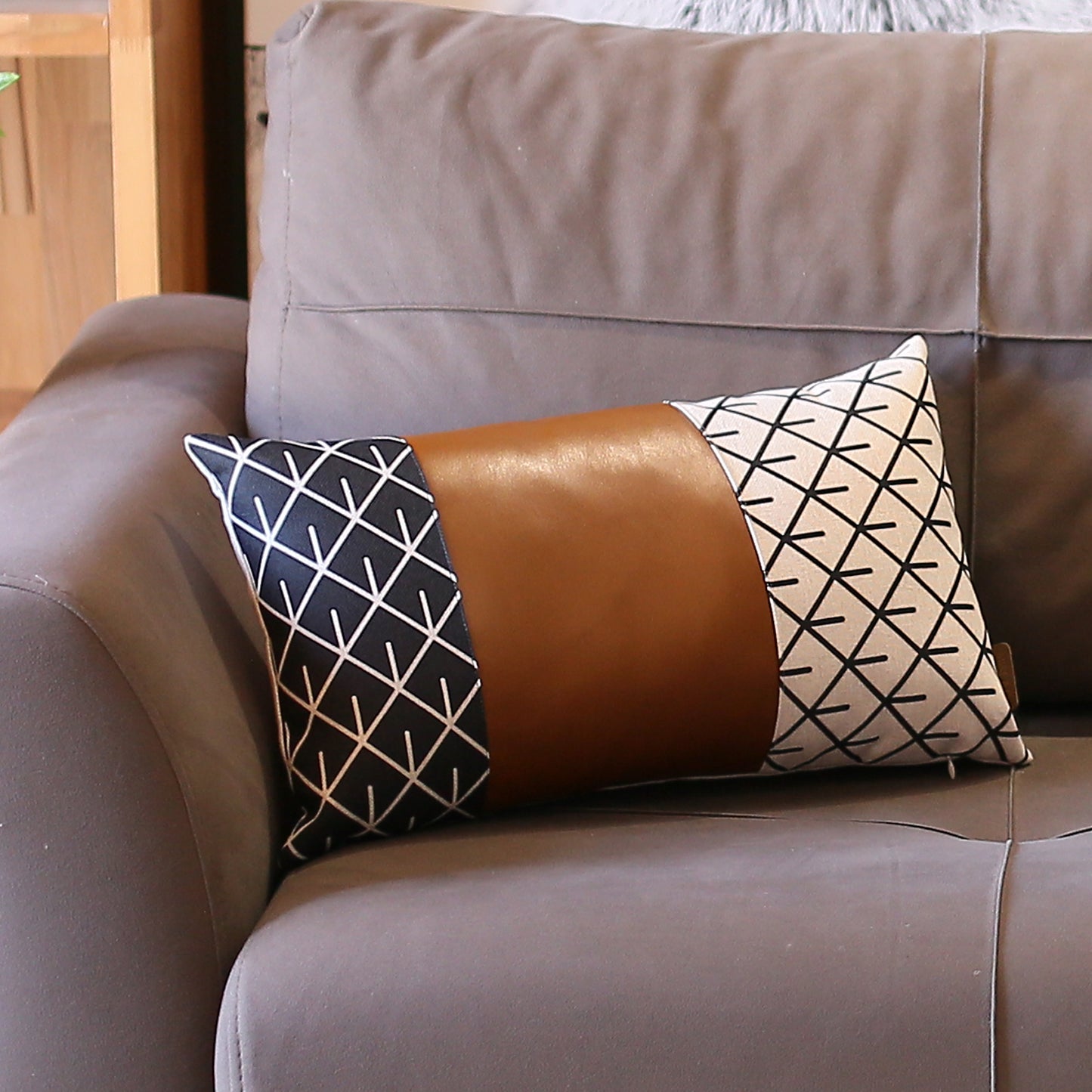 Bohemian Mixed Set of 4 Vegan Faux Leather Brown Geometric Throw Pillow Cover for Couch, Bedding