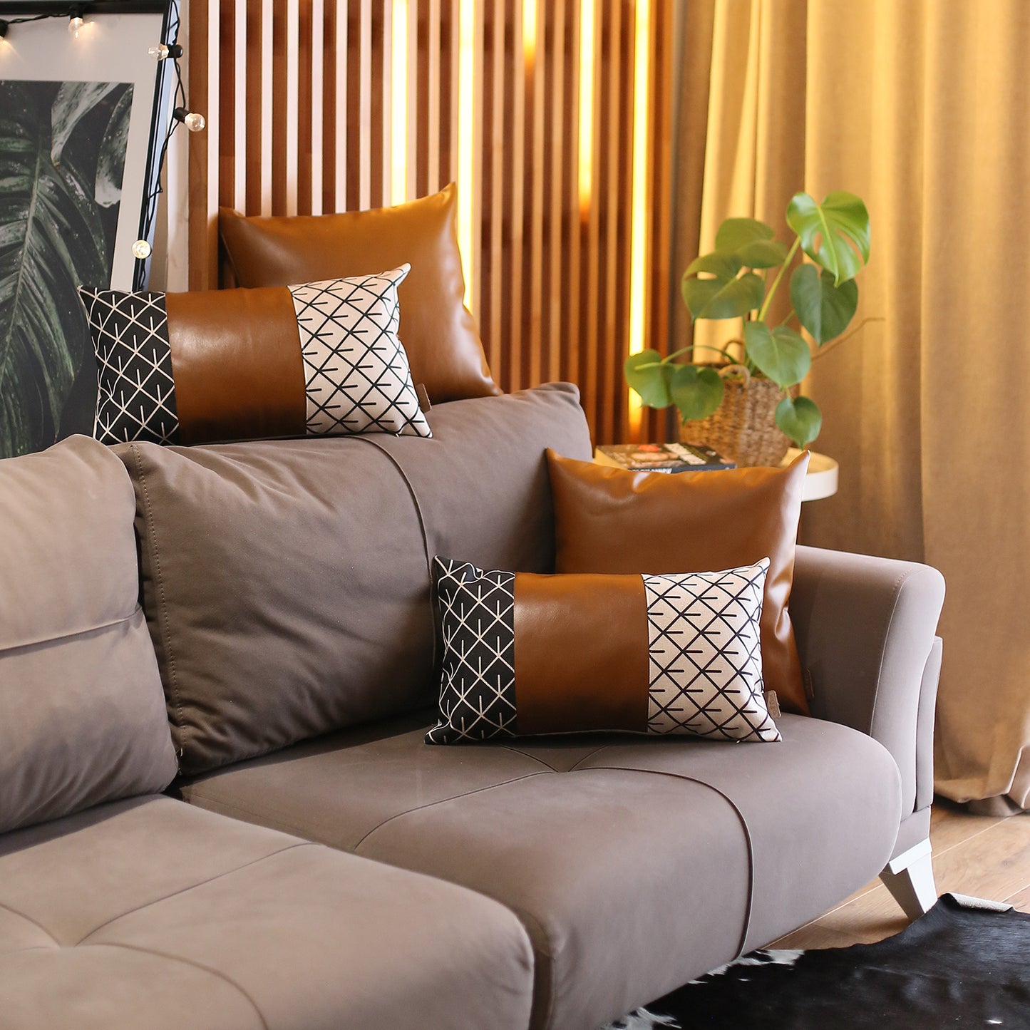 Bohemian Mixed Set of 4 Vegan Faux Leather Brown Geometric Throw Pillow Cover for Couch, Bedding