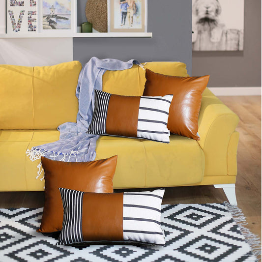 Bohemian Mixed Set of 4 Vegan Faux Leather Brown Geometric Throw Pillow Cover for Couch, Bedding
