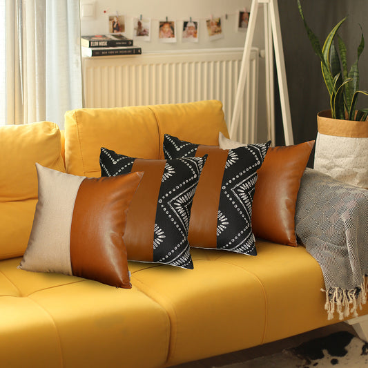 Bohemian Mixed Set of 4 Vegan Faux Leather Brown Geometric Throw Pillow Cover for Couch, Bedding