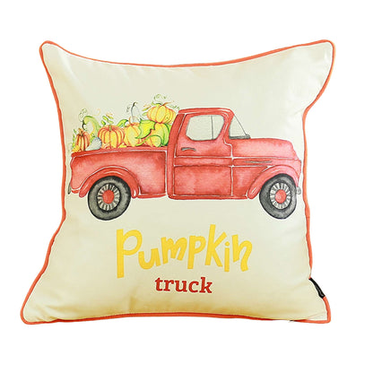 Fall Season Decorative Single Throw Pillow Red Pumpkin Truck 18" x 18" White & Red Square Thanksgiving for Couch, Bedding